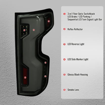 2019-2026 Chevrolet Silverado 1500 / 2020-2023 Silverado 2500HD/3500HD Full LED Switchback Sequential Tail Lights (Glossy Black Housing / Smoked Lens)