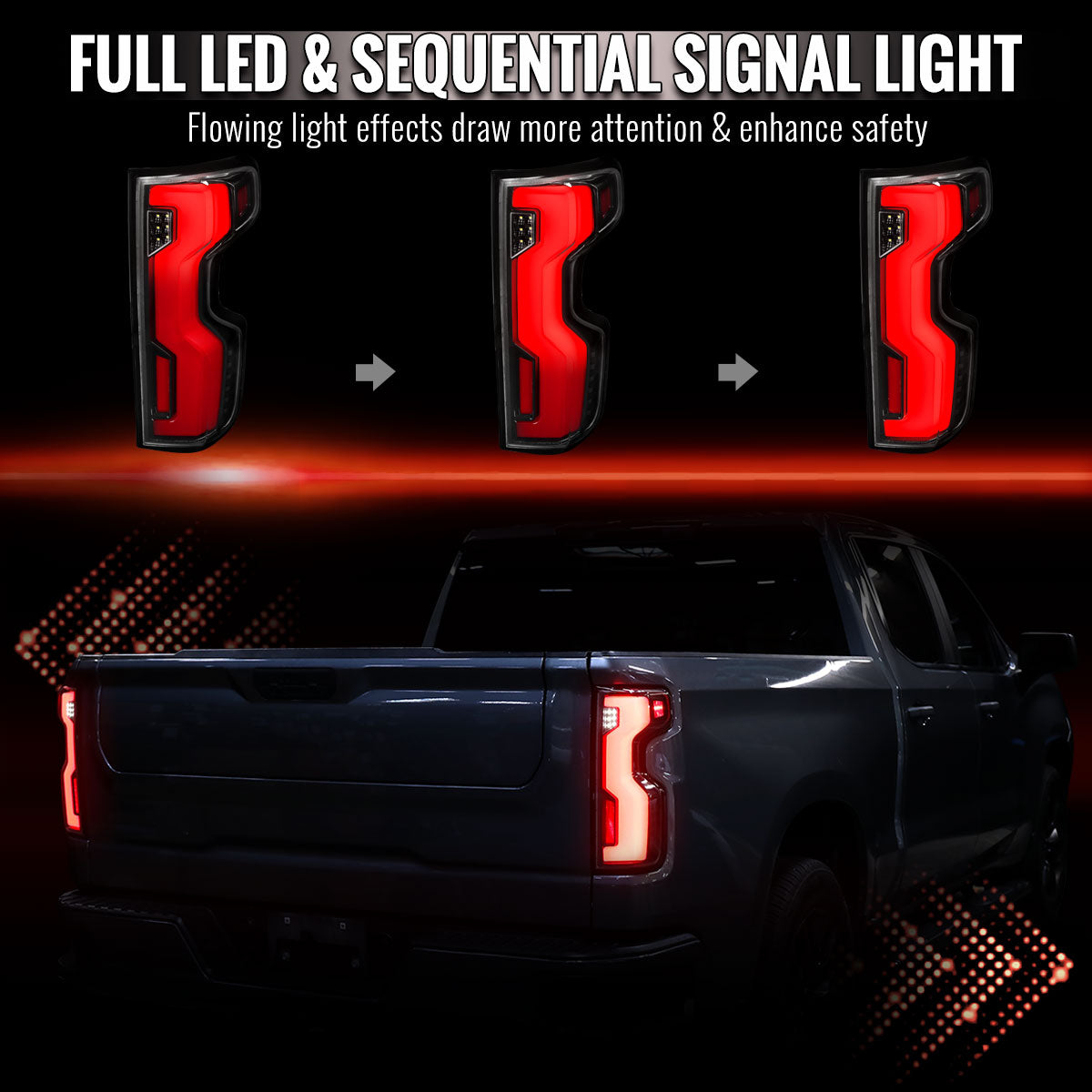 2019-2026 Chevrolet Silverado 1500 / 2020-2023 Silverado 2500HD/3500HD Full LED Switchback Sequential Tail Lights (Jet Black Housing / Clear Lens)