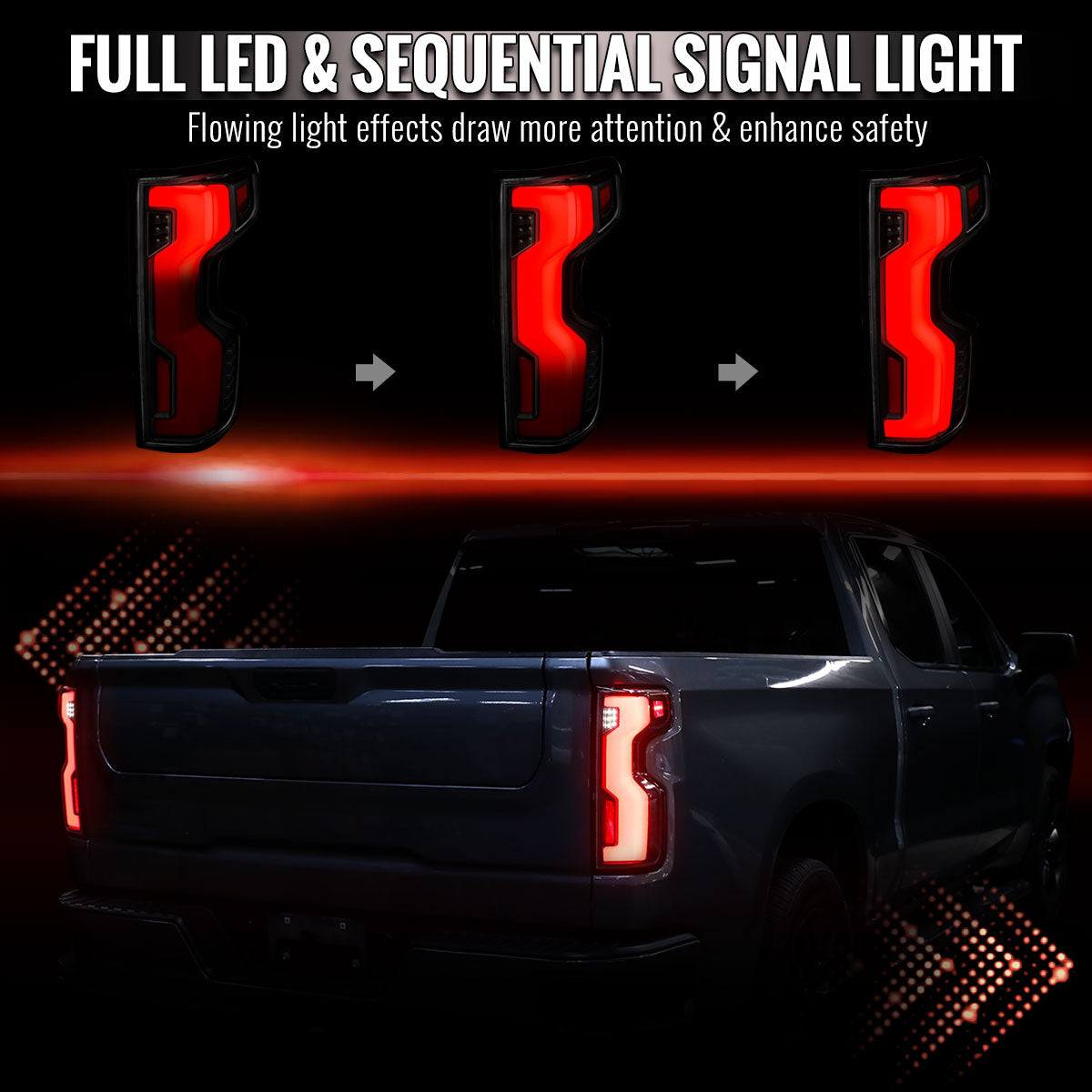 2019-2026 Chevrolet Silverado 1500 / 2020-2023 Silverado 2500HD/3500HD Full LED Switchback Sequential Tail Lights (Black Housing / Smoked Lens)