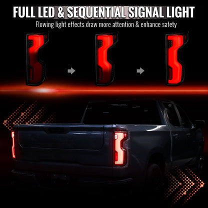 2019-2026 Chevrolet Silverado 1500 / 2020-2023 Silverado 2500HD/3500HD Full LED Switchback Sequential Tail Lights (Black Housing / Smoked Lens)