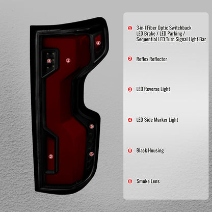 2019-2026 Chevrolet Silverado 1500 / 2020-2023 Silverado 2500HD/3500HD Full LED Switchback Sequential Tail Lights (Black Housing / Smoked Lens)