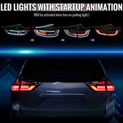 2011-2014 Toyota Sienna Full LED Tail Lights w/ Sequential Turn Signal and Startup Animation (Black Housing / Smoked Lens)