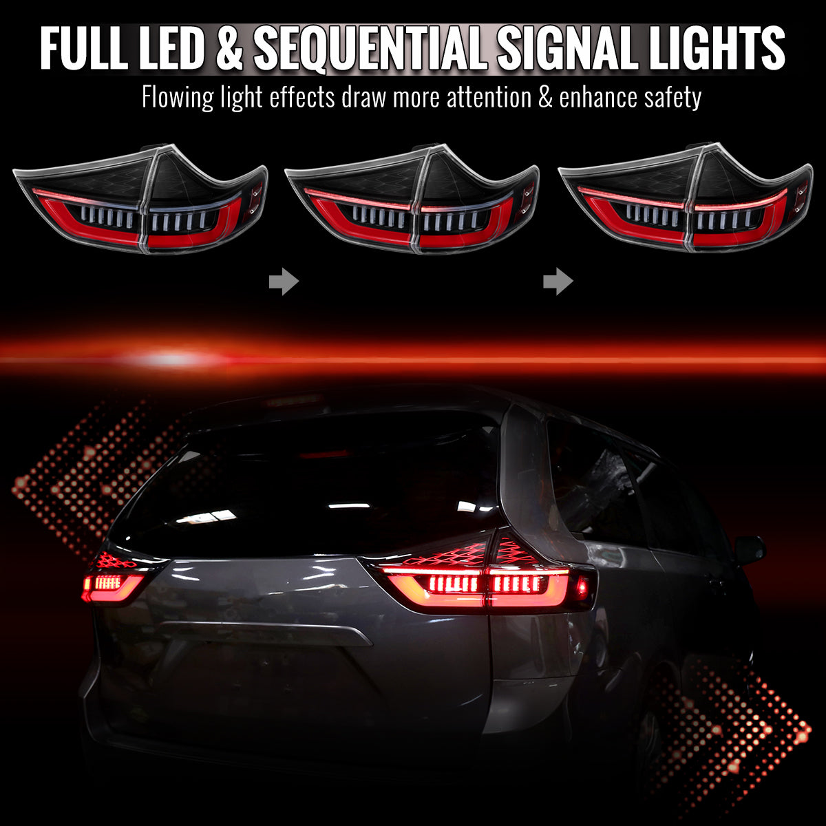 2011-2014 Toyota Sienna Full LED Tail Lights w/ Sequential Turn Signal and Startup Animation Red Lens Fiber Optic LED (Jet Black Housing / Clear Lens)