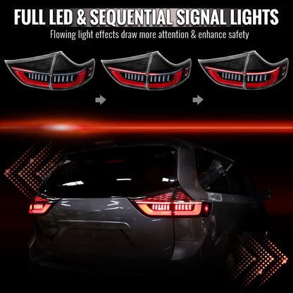 2011-2014 Toyota Sienna Full LED Tail Lights w/ Sequential Turn Signal and Startup Animation Red Lens Fiber Optic LED (Jet Black Housing / Clear Lens)