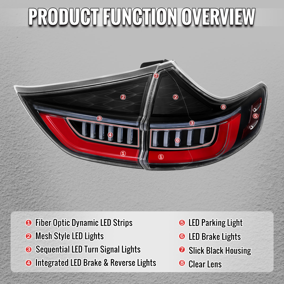 2011-2014 Toyota Sienna Full LED Tail Lights w/ Sequential Turn Signal and Startup Animation Red Lens Fiber Optic LED (Jet Black Housing / Clear Lens)