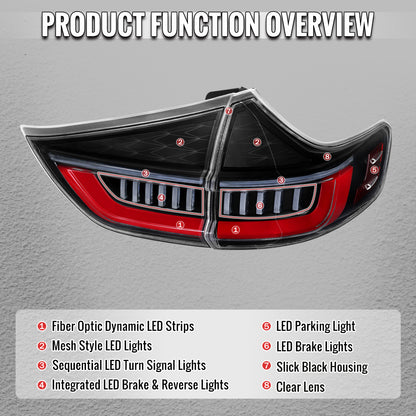 2011-2014 Toyota Sienna Full LED Tail Lights w/ Sequential Turn Signal and Startup Animation Red Lens Fiber Optic LED (Jet Black Housing / Clear Lens)