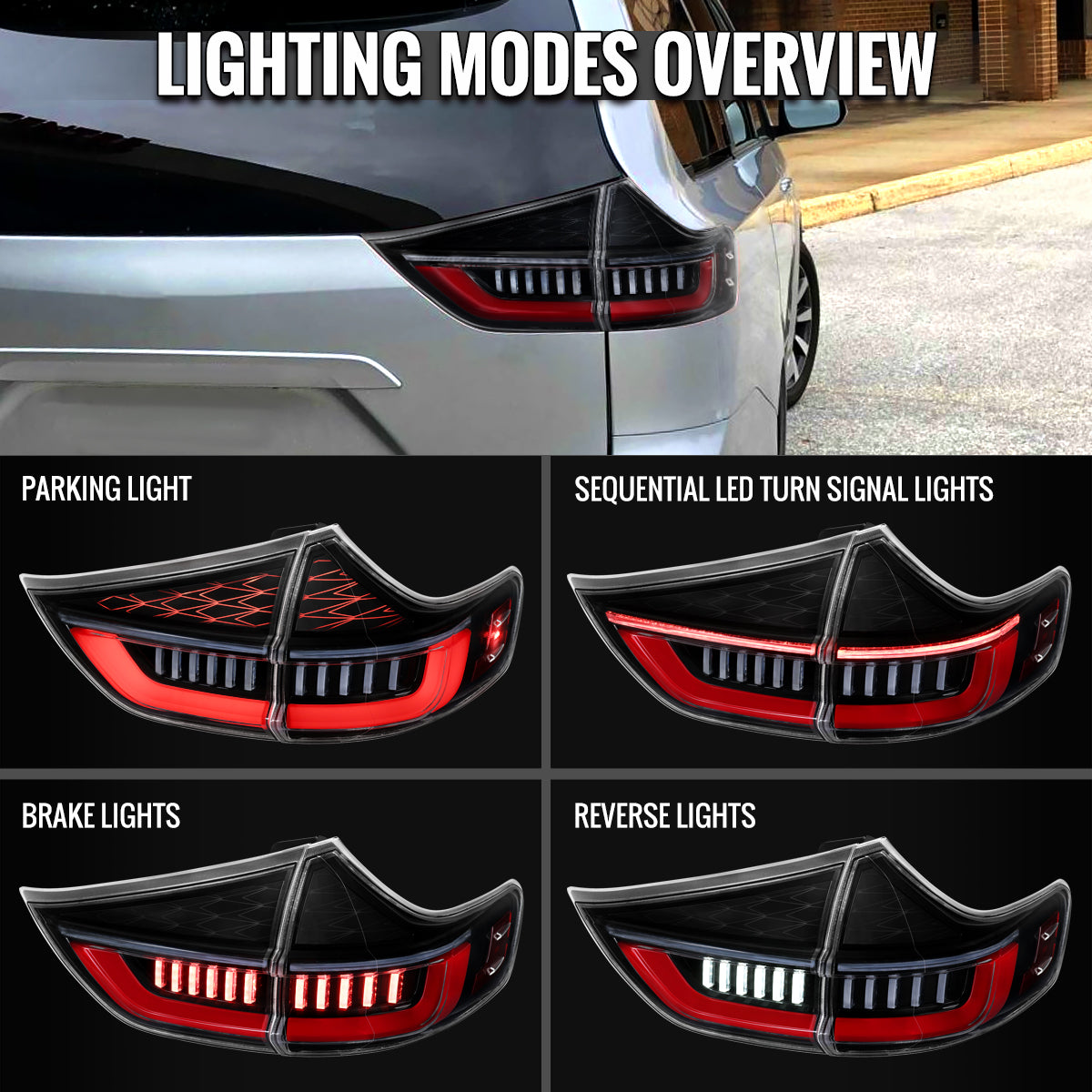 2011-2014 Toyota Sienna Full LED Tail Lights w/ Sequential Turn Signal and Startup Animation Red Lens Fiber Optic LED (Jet Black Housing / Clear Lens)