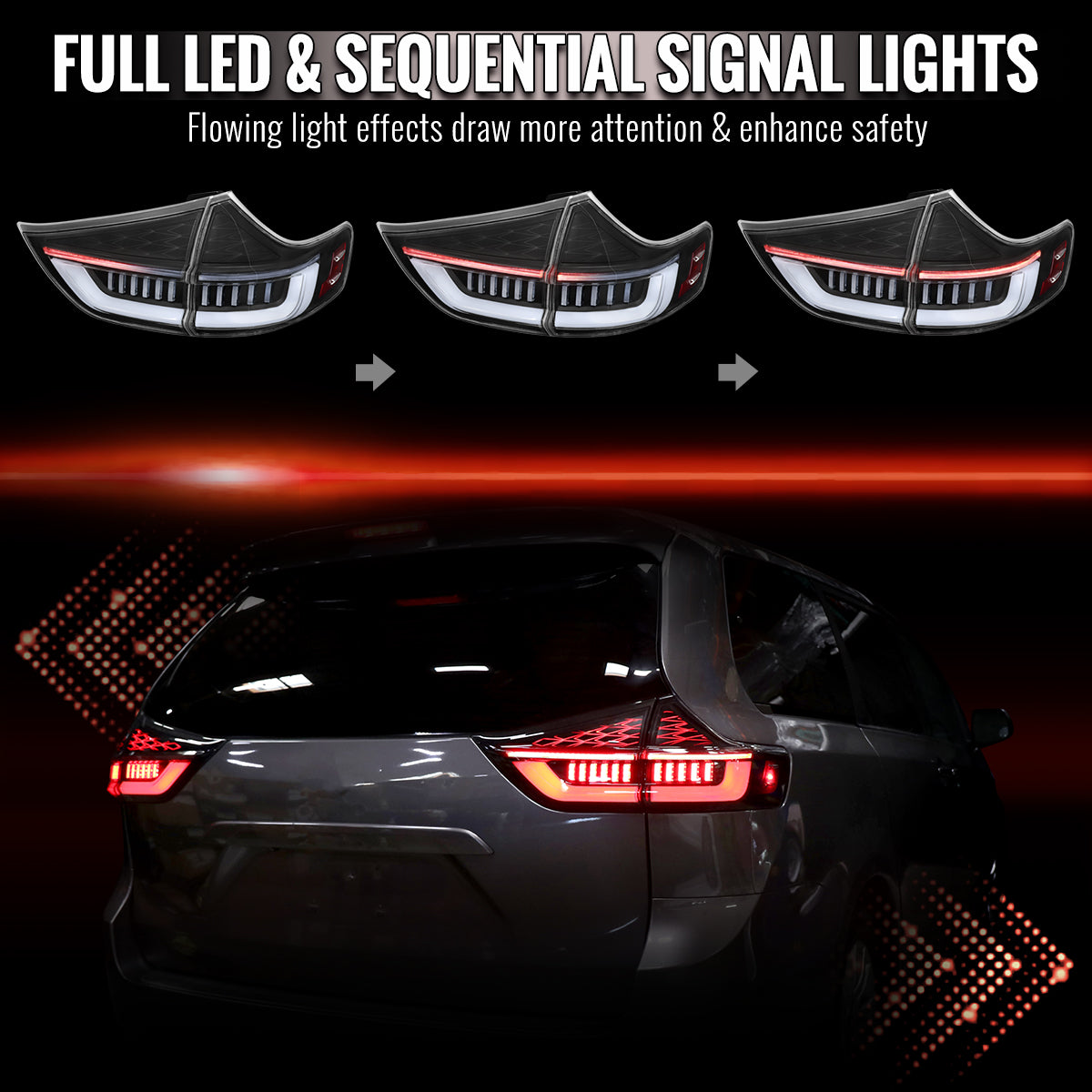 2011-2014 Toyota Sienna Full LED Tail Lights w/ Sequential Turn Signal and Startup Animation (Black Housing / Clear Lens)