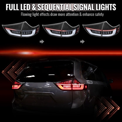 2011-2014 Toyota Sienna Full LED Tail Lights w/ Sequential Turn Signal and Startup Animation (Black Housing / Clear Lens)