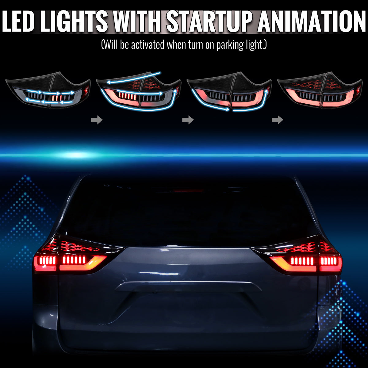 2011-2014 Toyota Sienna Full LED Tail Lights w/ Sequential Turn Signal and Startup Animation (Black Housing / Clear Lens)