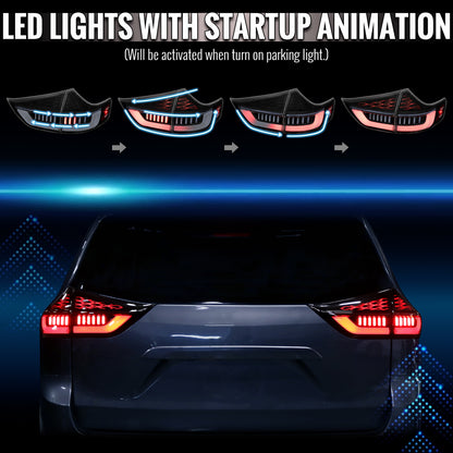 2011-2014 Toyota Sienna Full LED Tail Lights w/ Sequential Turn Signal and Startup Animation (Black Housing / Clear Lens)