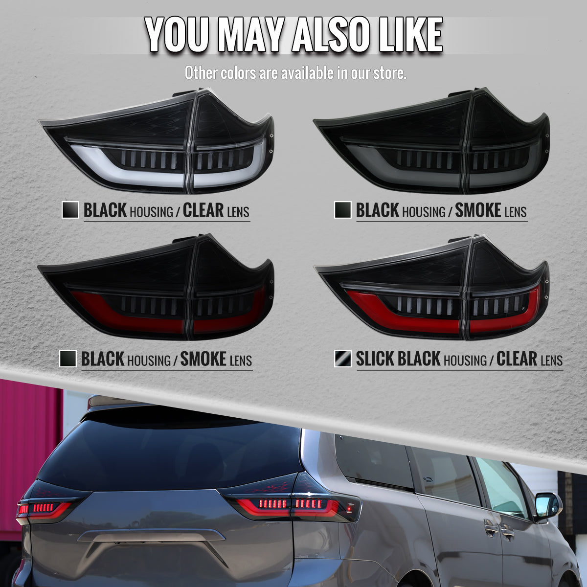 2011-2014 Toyota Sienna Full LED Tail Lights w/ Sequential Turn Signal and Startup Animation (Black Housing / Clear Lens)