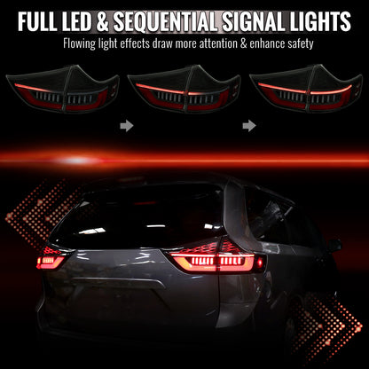 2011-2014 Toyota Sienna Full LED Tail Lights w/ Sequential Turn Signal and Startup Animation Red Lens Fiber Optic LED (Black Housing / Smoked Lens)