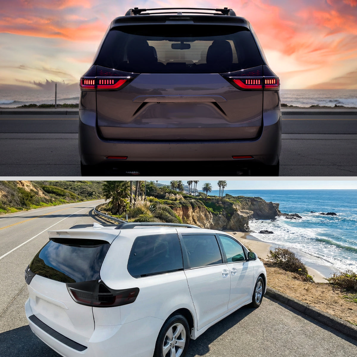 2011-2014 Toyota Sienna Full LED Tail Lights w/ Sequential Turn Signal and Startup Animation Red Lens Fiber Optic LED (Black Housing / Smoked Lens)