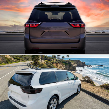 2011-2014 Toyota Sienna Full LED Tail Lights w/ Sequential Turn Signal and Startup Animation Red Lens Fiber Optic LED (Black Housing / Smoked Lens)