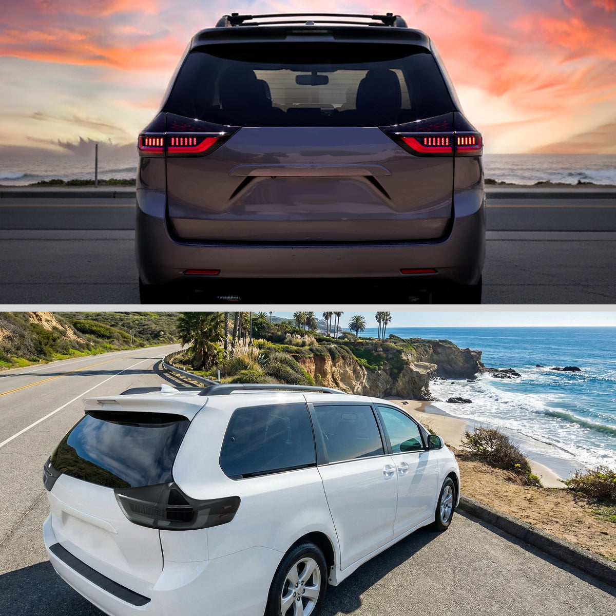 2015-2020 Toyota Sienna Full LED Tail Lights w/ Sequential Turn Signal and Startup Animation (Black Housing / Smoked Lens)