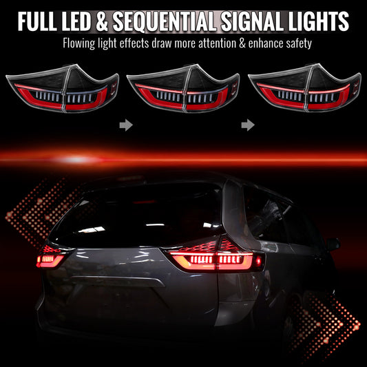 2015-2020 Toyota Sienna Full LED Tail Lights w/ Sequential Turn Signal and Startup Animation Red Lens Fiber Optic LED (Jet Black Housing / Clear Lens)