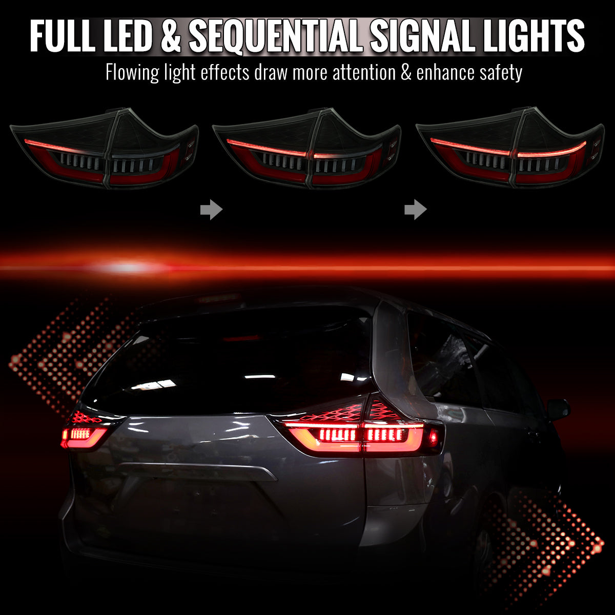 2015-2020 Toyota Sienna Full LED Tail Lights w/ Sequential Turn Signal and Startup Animation Red Lens Fiber Optic LED (Black Housing / Smoked Lens)
