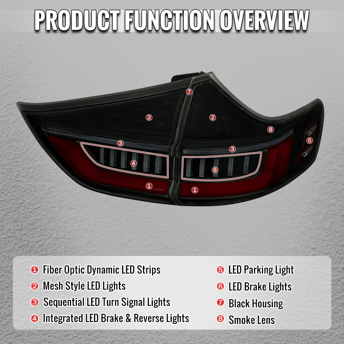 2015-2020 Toyota Sienna Full LED Tail Lights w/ Sequential Turn Signal and Startup Animation Red Lens Fiber Optic LED (Black Housing / Smoked Lens)