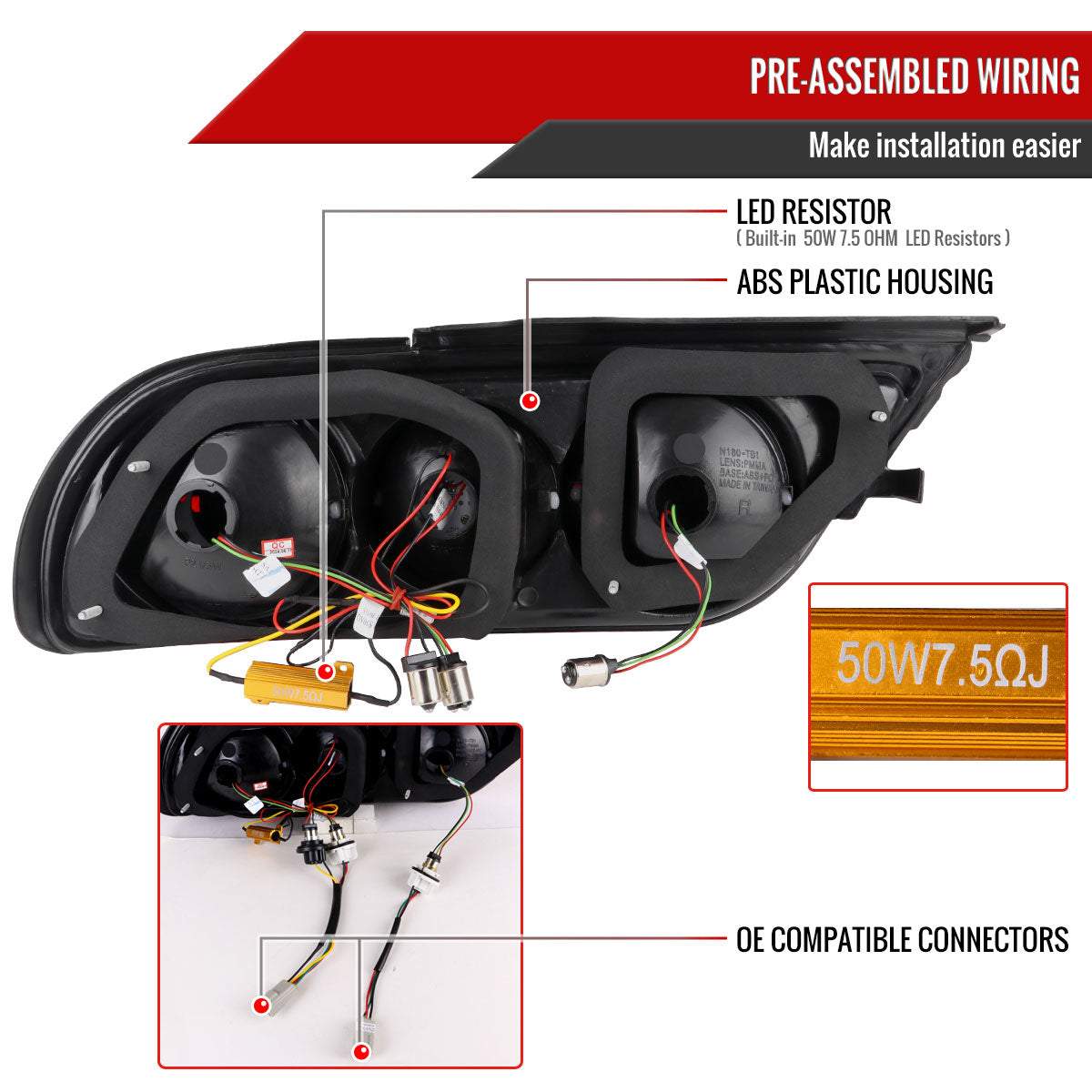 1991-1998 Nissan 180SX RPS13 / 240SX S13 S14 JDM Red LED Tail Ligths (Chrome Housing/Red Lens)