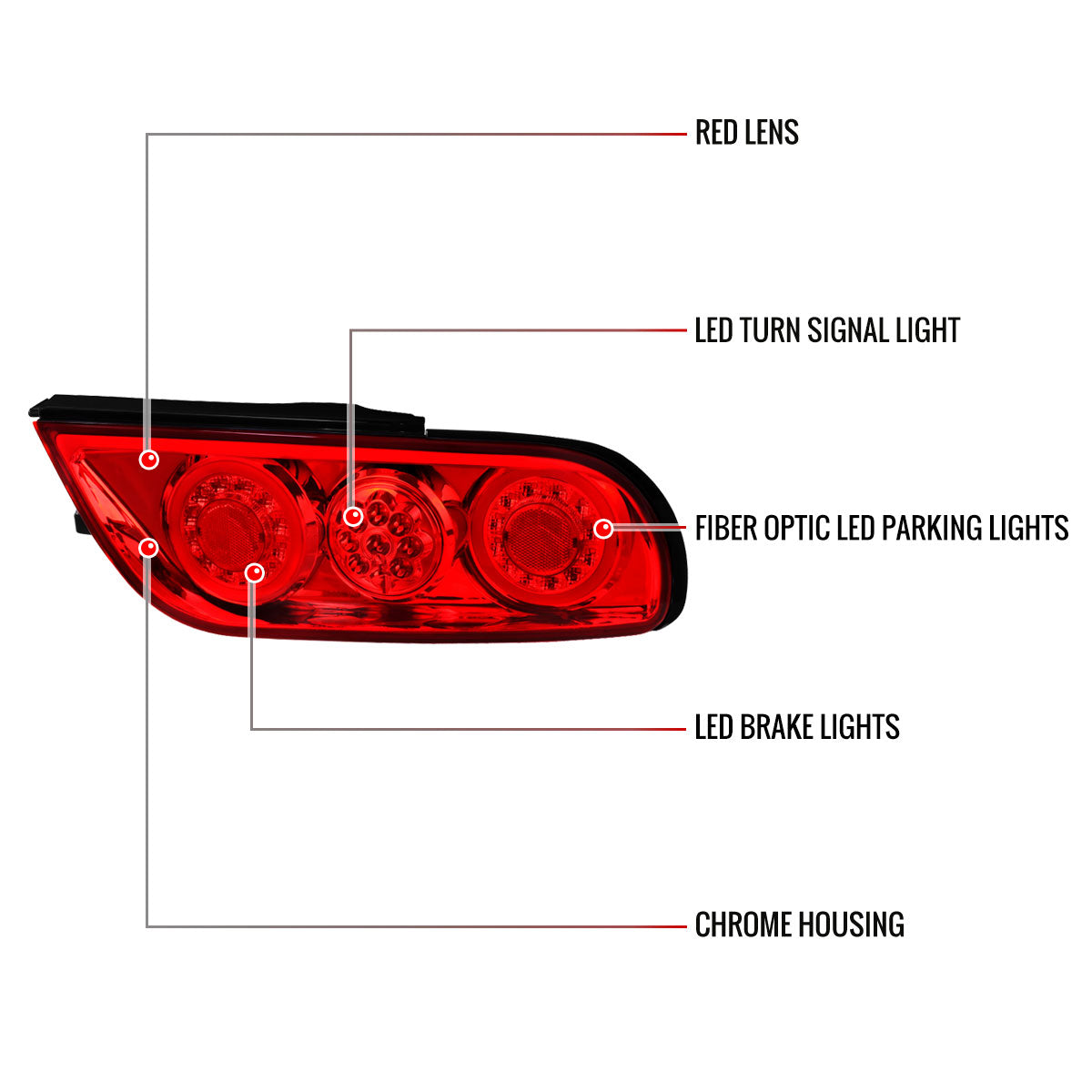 1991-1998 Nissan 180SX RPS13 / 240SX S13 S14 JDM Red LED Tail Ligths (Chrome Housing/Red Lens)