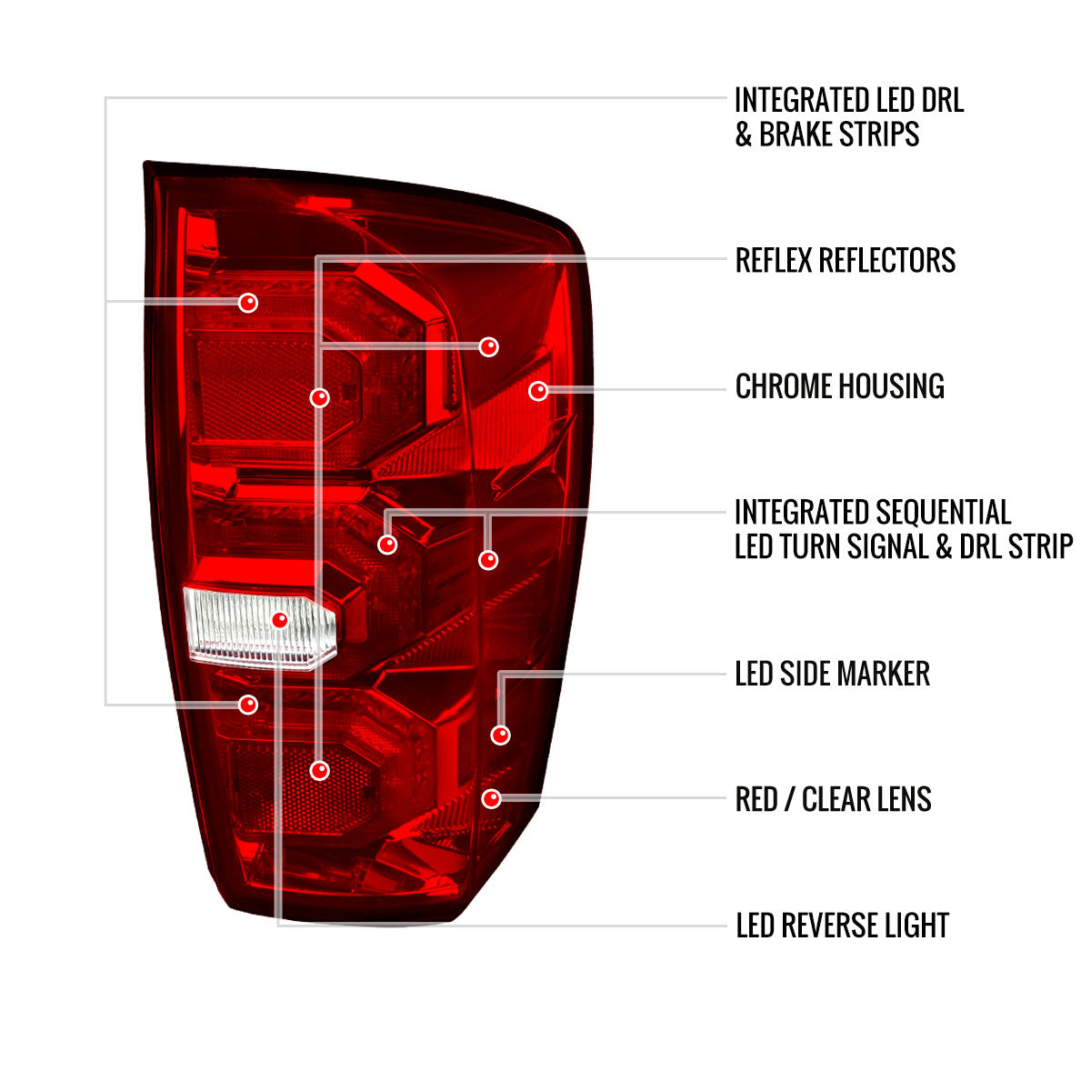 2016-2022 Toyota Tacoma Sequential Signal LED Tail Lights (Chrome Housing/Red Lens)