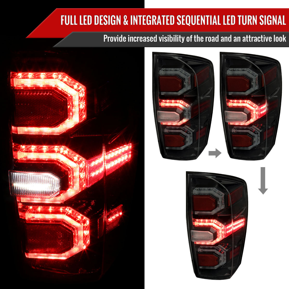 2016-2022 Toyota Tacoma Sequential Signal LED Tail Lights (Glossy Black Housing/Smoked Lens)