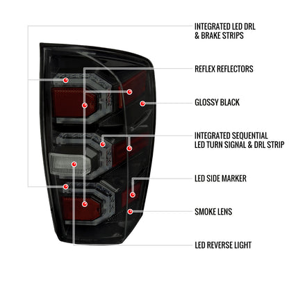 2016-2022 Toyota Tacoma Sequential Signal LED Tail Lights (Glossy Black Housing/Smoked Lens)