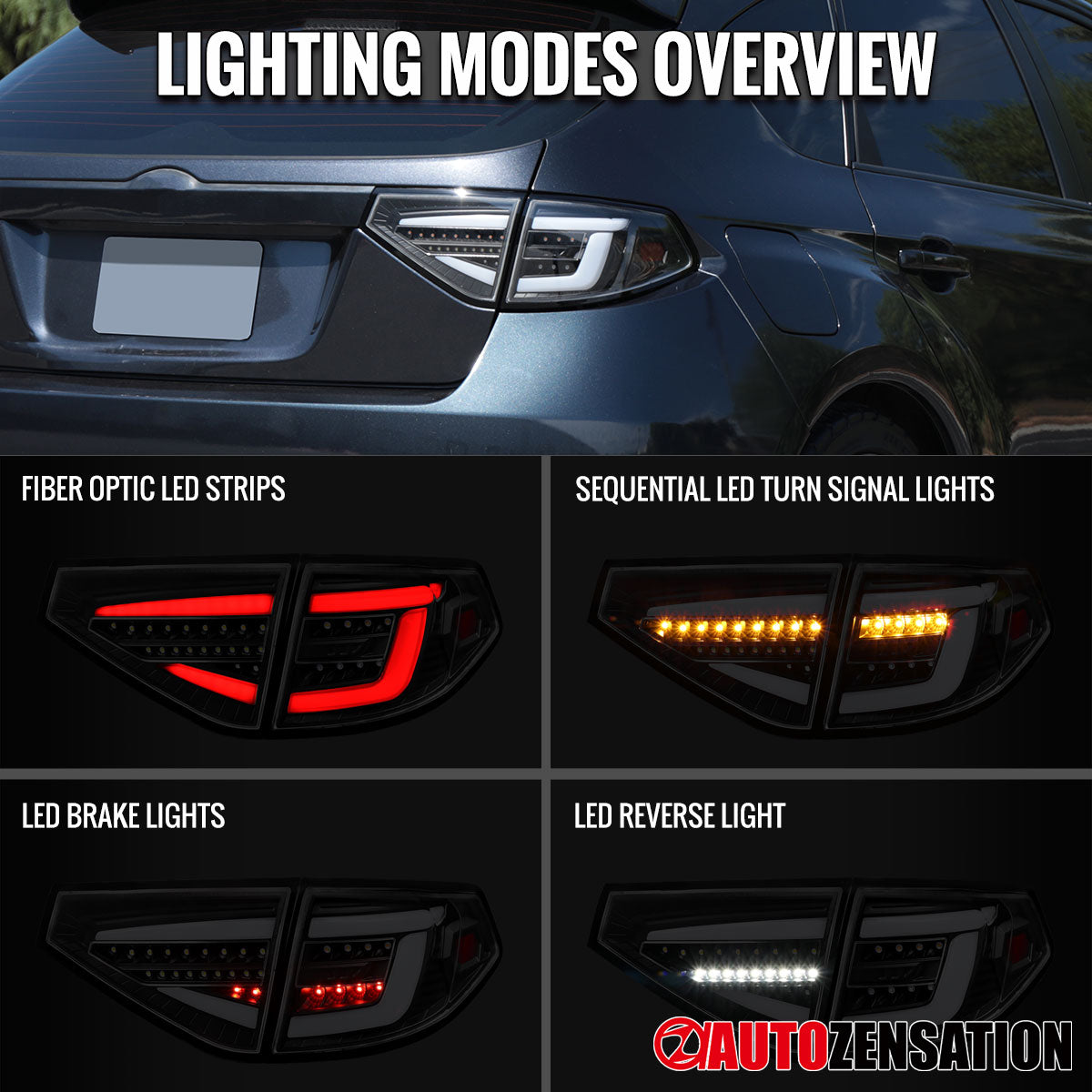 2008-2014 Subaru Impreza WRX Hatchback LED White Sequential Tube Tail Lights (Matte Black Housing/Clear Lens)