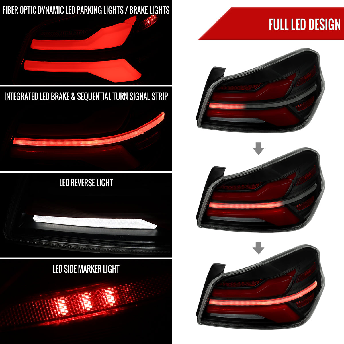 2015-2021 Subaru WRX STi Tail Light w/ Sequential Turn Signal LED Strip and LED Side Marker Brake Reverse (Matte Black Housing / Smoked Lens)