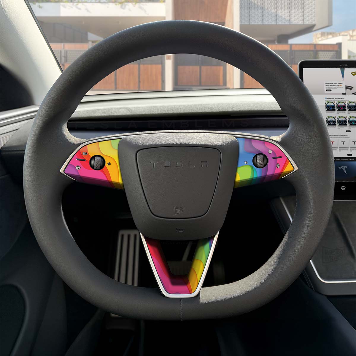 Layered Rainbow Tesla Steering Wheel Trim Decal Kit (3pcs) | Model 3