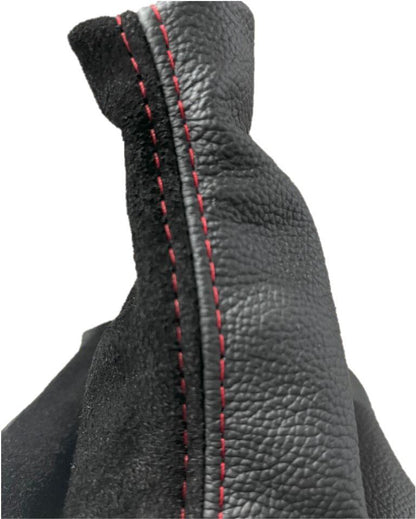 Black Leather & Suede Shift Boot Cover In Red Stitch For Ford Mustang GT 2005 2006 2007 2008 2009