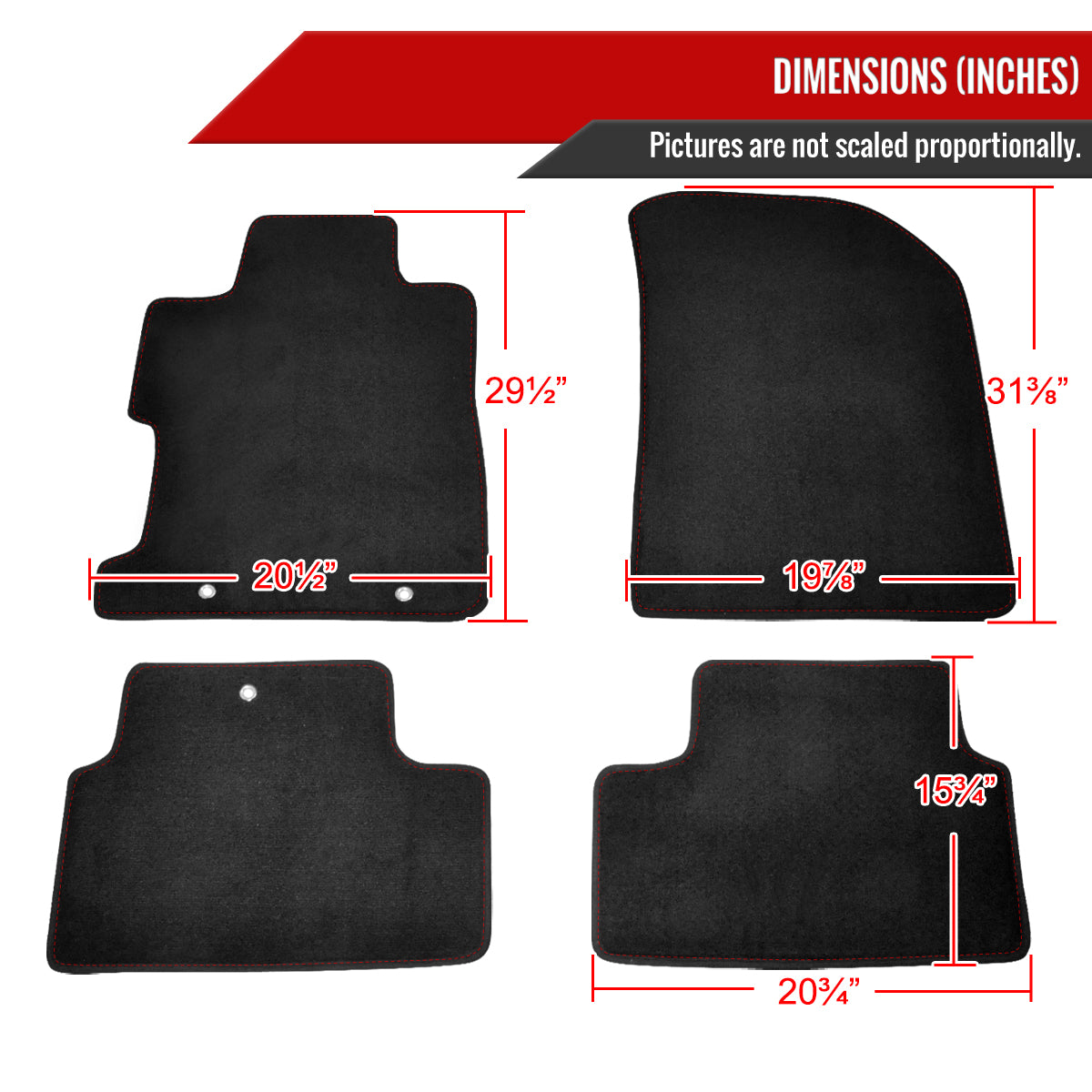 2006-2010 Honda Civic Coupe Black Front & Rear Carpet Floor Mats w/ Red Stitching - 4PC