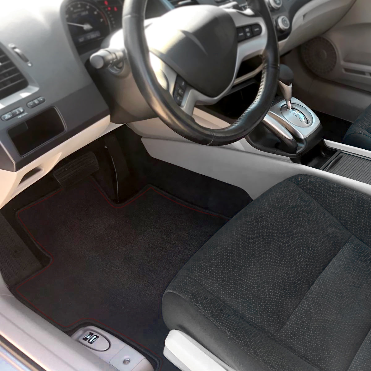 2006-2010 Honda Civic Coupe Black Front & Rear Carpet Floor Mats w/ Red Stitching - 4PC