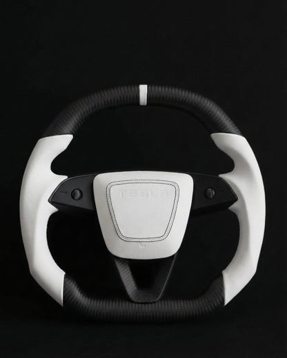TESLA MODEL 3 HIGHLAND WHITE LEATHER FLAT BOTTOM STORMTROOPER DRY MATTE CARBON STEERING WHEEL