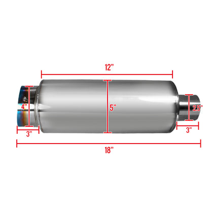 Universal 2.5" Inlet/4" Outlet Stainless Steel Muffler w/ Fireball Style Burnt Tip