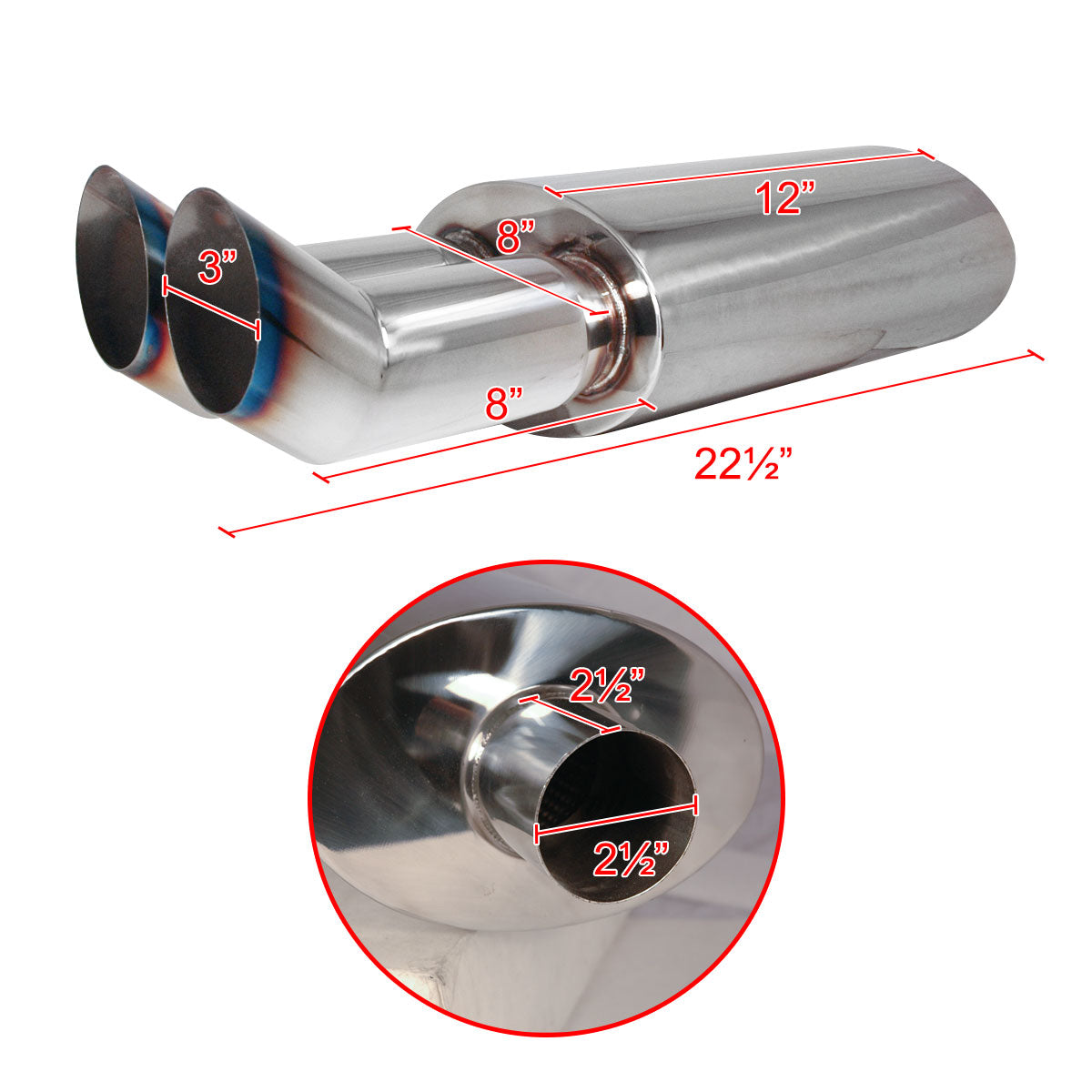 Universal DTM Style 2.5" Inlet/3" Outlet Stainless Steel Exhaust Muffler w/ Dual Burnt Tips