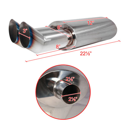 Universal DTM Style 2.5" Inlet/3" Outlet Stainless Steel Exhaust Muffler w/ Dual Burnt Tips