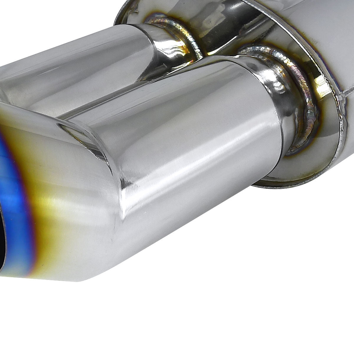 Universal DTM Style 2.5" Inlet/3" Outlet Stainless Steel Exhaust Muffler w/ Dual Burnt Tips