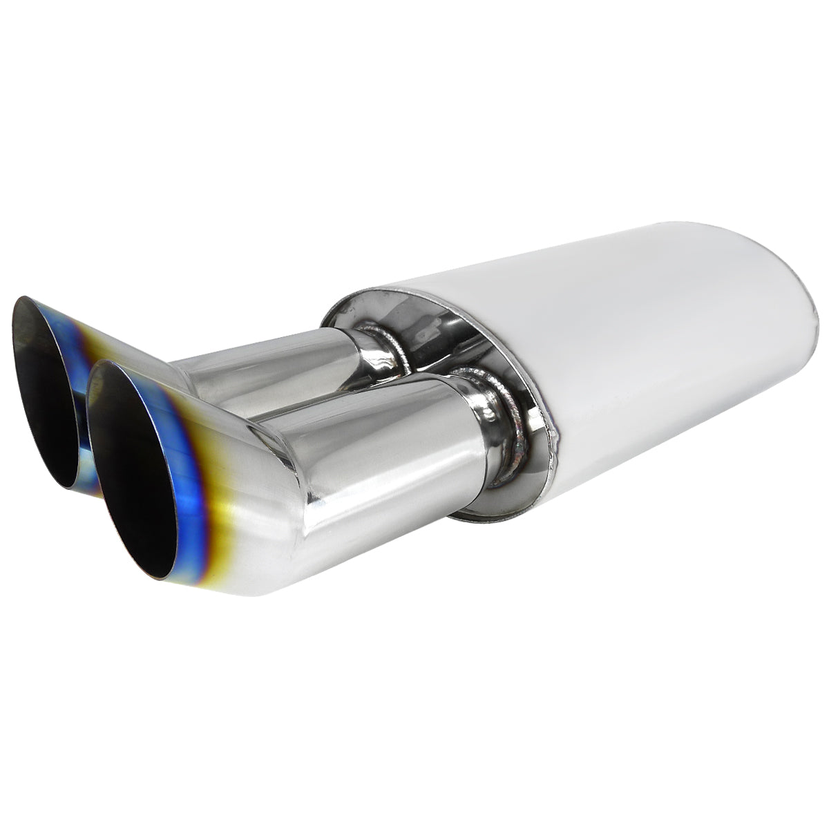 Universal DTM Style 2.5" Inlet/3" Outlet Stainless Steel Exhaust Muffler w/ Dual Burnt Tips