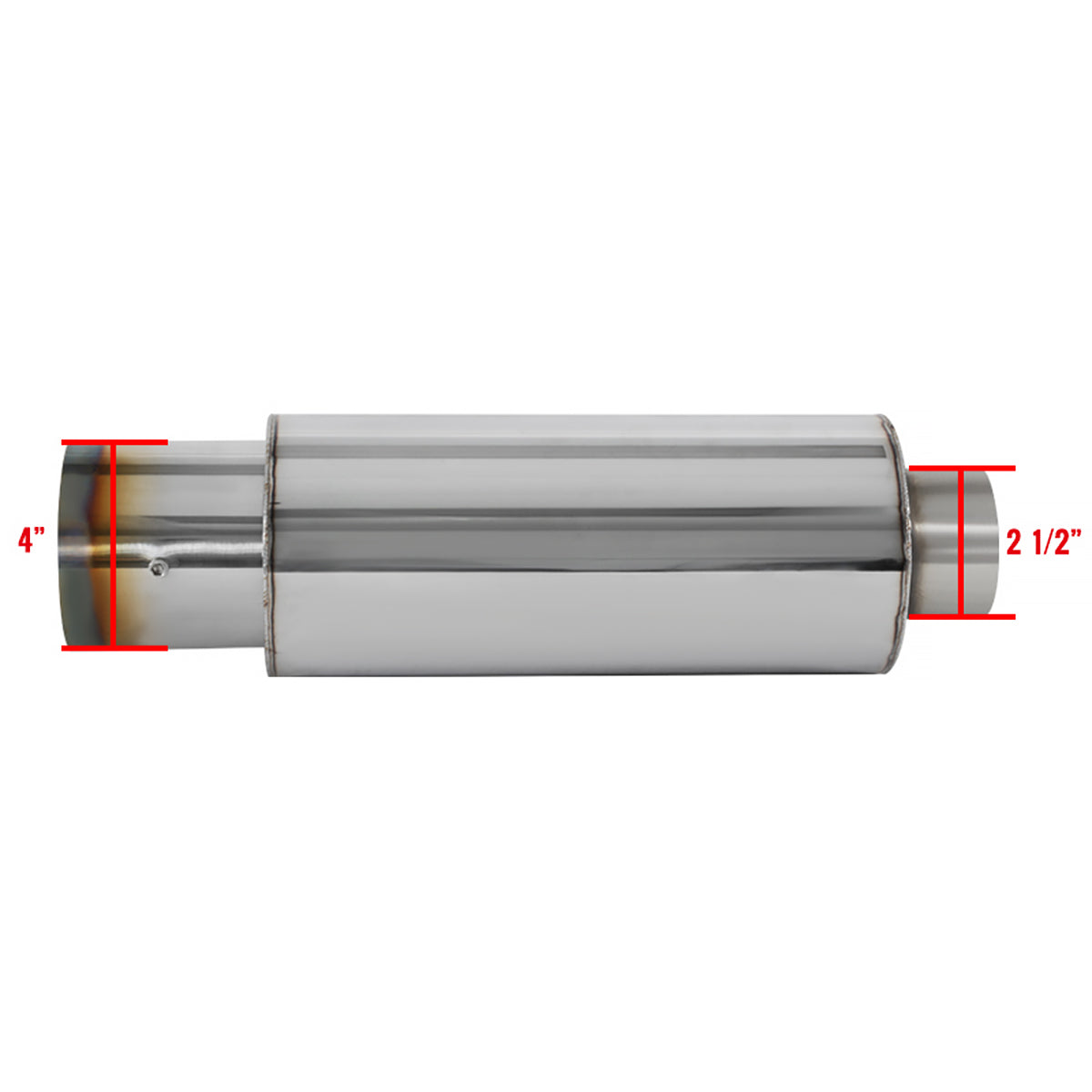 Universal 2.5" Inlet/4" Outlet Stainless Steel Spiral Flow Exhaust Muffler w/ Burnt Tip