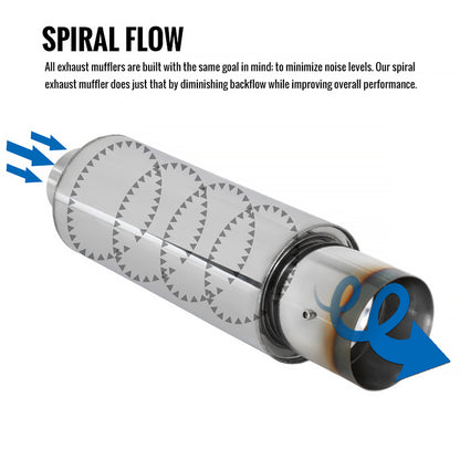 Universal 2.5" Inlet/4" Outlet Stainless Steel Spiral Flow Exhaust Muffler w/ Burnt Tip