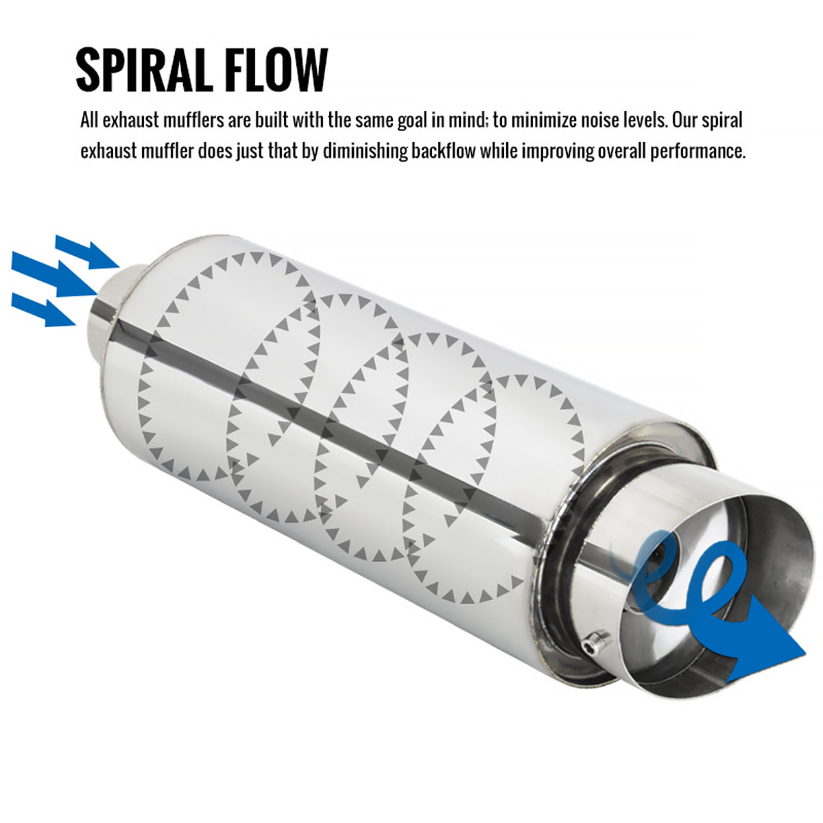 Universal 2.5" Inlet/4" Outlet Stainless Steel Spiral Flow Exhaust Muffler w/ Slanted Tip