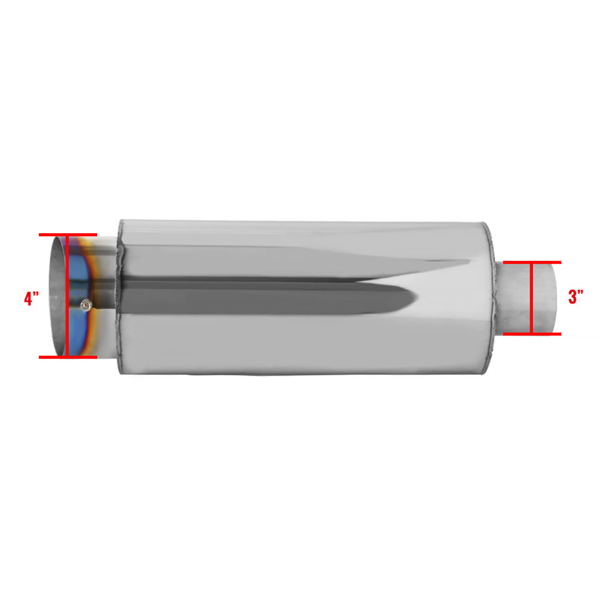 Universal 3" Inlet/4" Outlet Stainless Steel Spiral Flow Exhaust Muffler w/ Slanted Burnt Tip