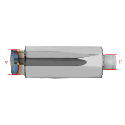 Universal 3" Inlet/4" Outlet Stainless Steel Spiral Flow Exhaust Muffler w/ Slanted Burnt Tip