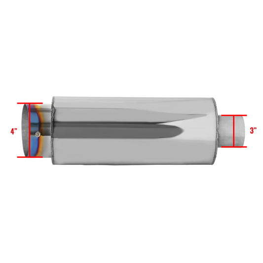 Universal 3" Inlet/4" Outlet Stainless Steel Spiral Flow Exhaust Muffler w/ Slanted Burnt Tip