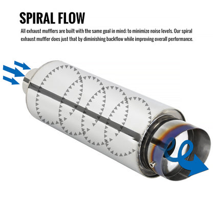 Universal 3" Inlet/4" Outlet Stainless Steel Spiral Flow Exhaust Muffler w/ Slanted Burnt Tip