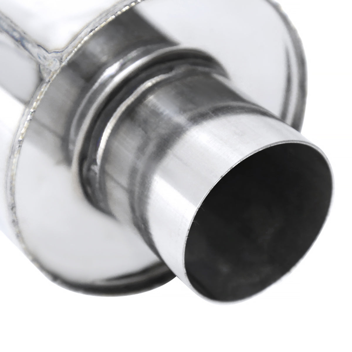 Universal 3" Inlet/4" Outlet Stainless Steel Spiral Flow Exhaust Muffler w/ Slanted Burnt Tip