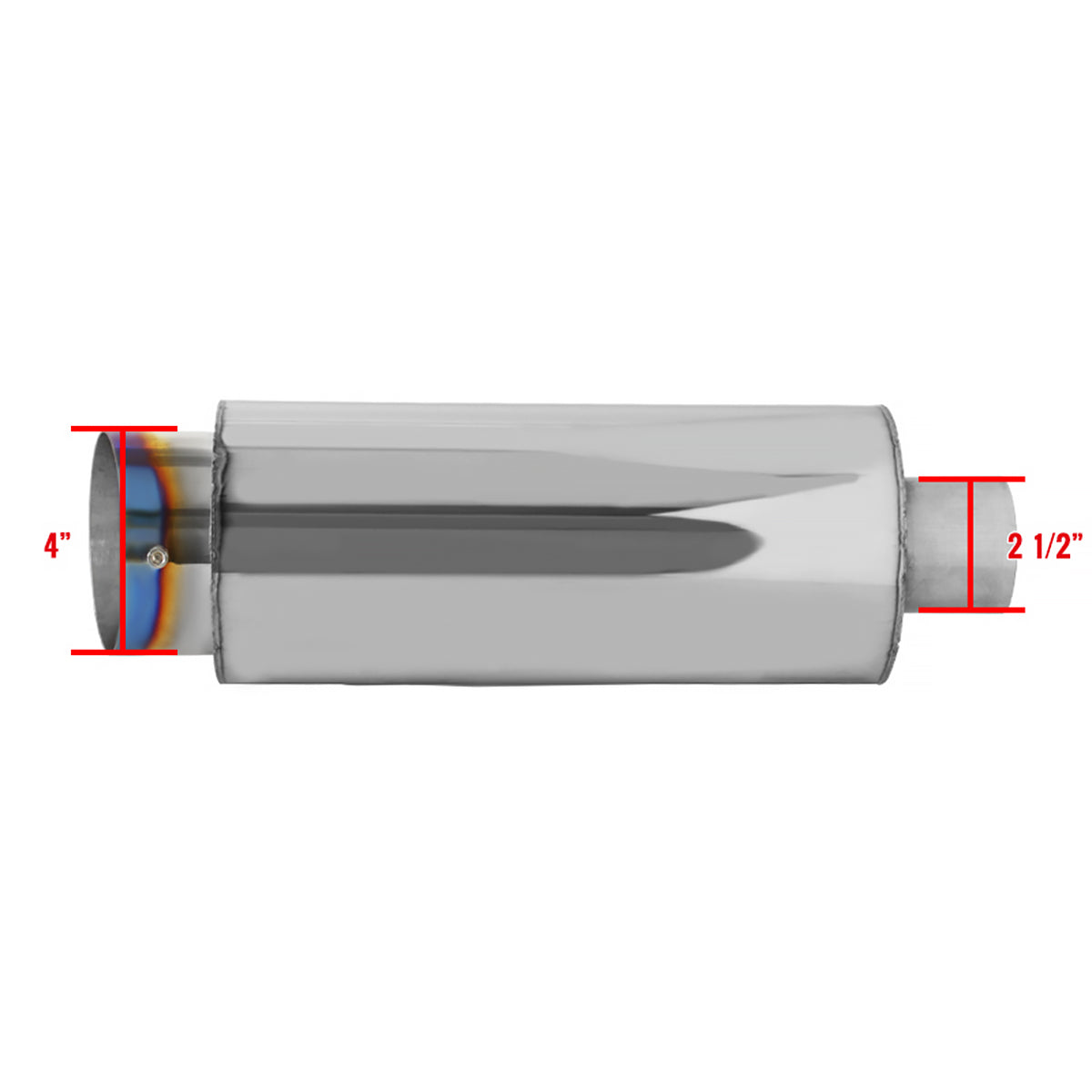 Universal 2.5" Inlet/4" Outlet Stainless Steel Spiral Flow Exhaust Muffler w/ Slanted Burnt Tip