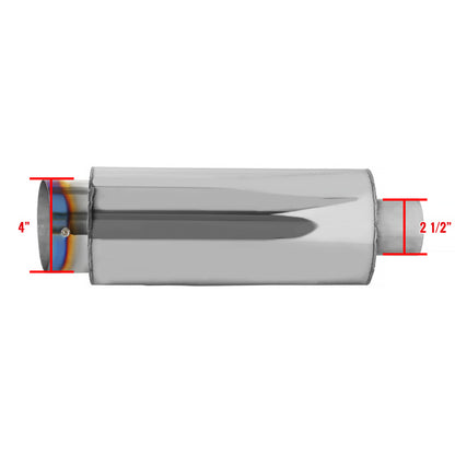 Universal 2.5" Inlet/4" Outlet Stainless Steel Spiral Flow Exhaust Muffler w/ Slanted Burnt Tip